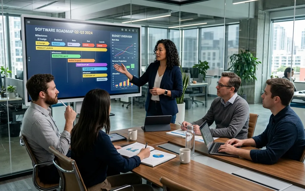 Technology leadership team reviewing software development roadmap and financial budget graphs in a modern glass boardroom