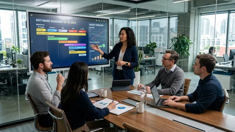 Technology leadership team reviewing software development roadmap and financial budget graphs in a modern glass boardroom