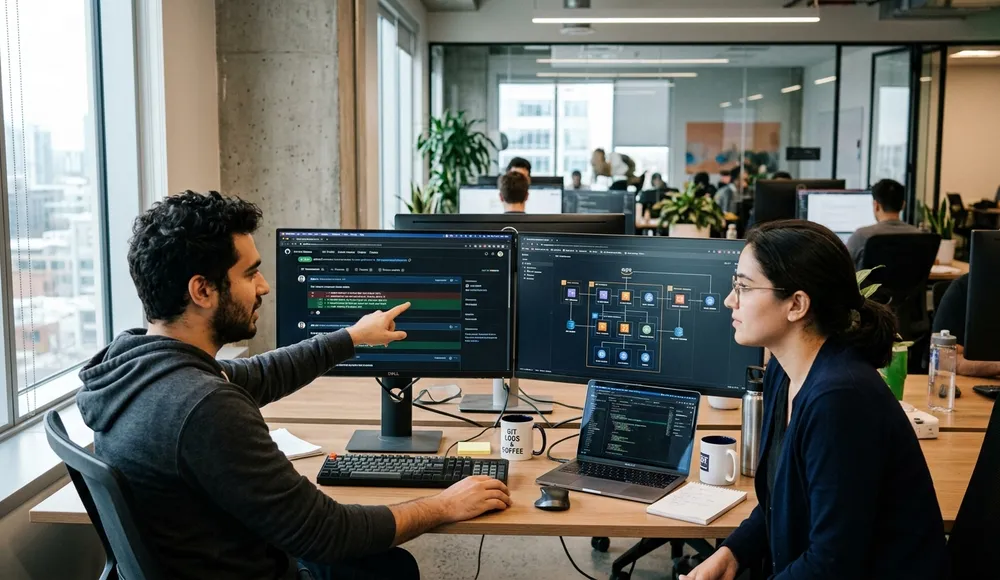 Software developers reviewing pull requests and system architecture on dual monitors in modern tech studio